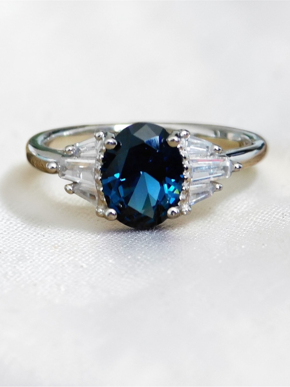 London Blue Topaz Oval Halo Ring with Moissanite Diamond Sterling Silver